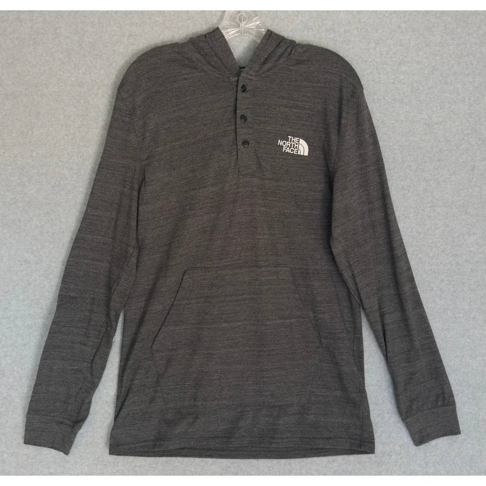 The North Face Hoodie Mens Medium Gray Henley Long Sleeve Lightweight Logo Pouch - Picture 2 of 10